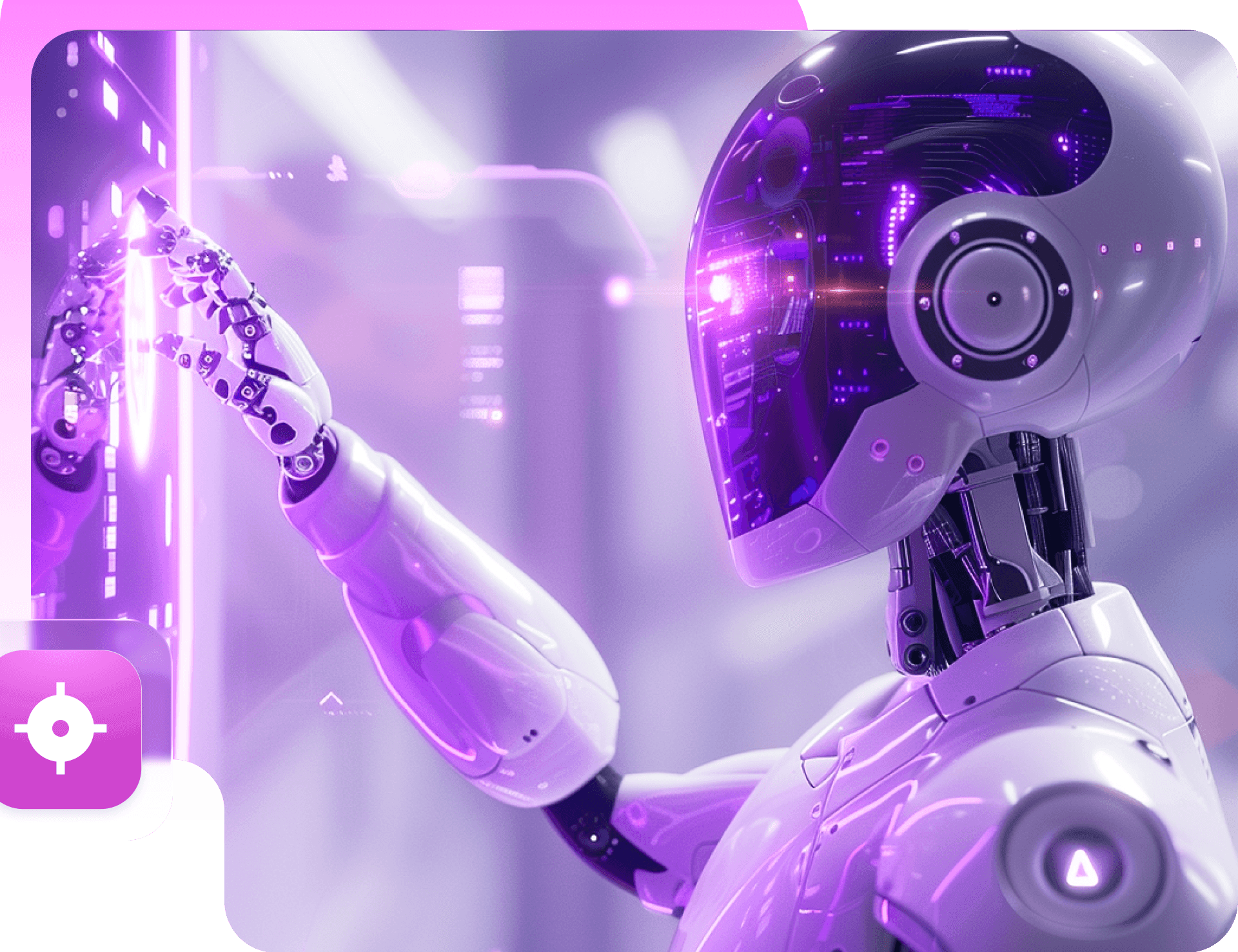 A white robot with a glowing violet visor reaching toward a holographic screen, with a target badge