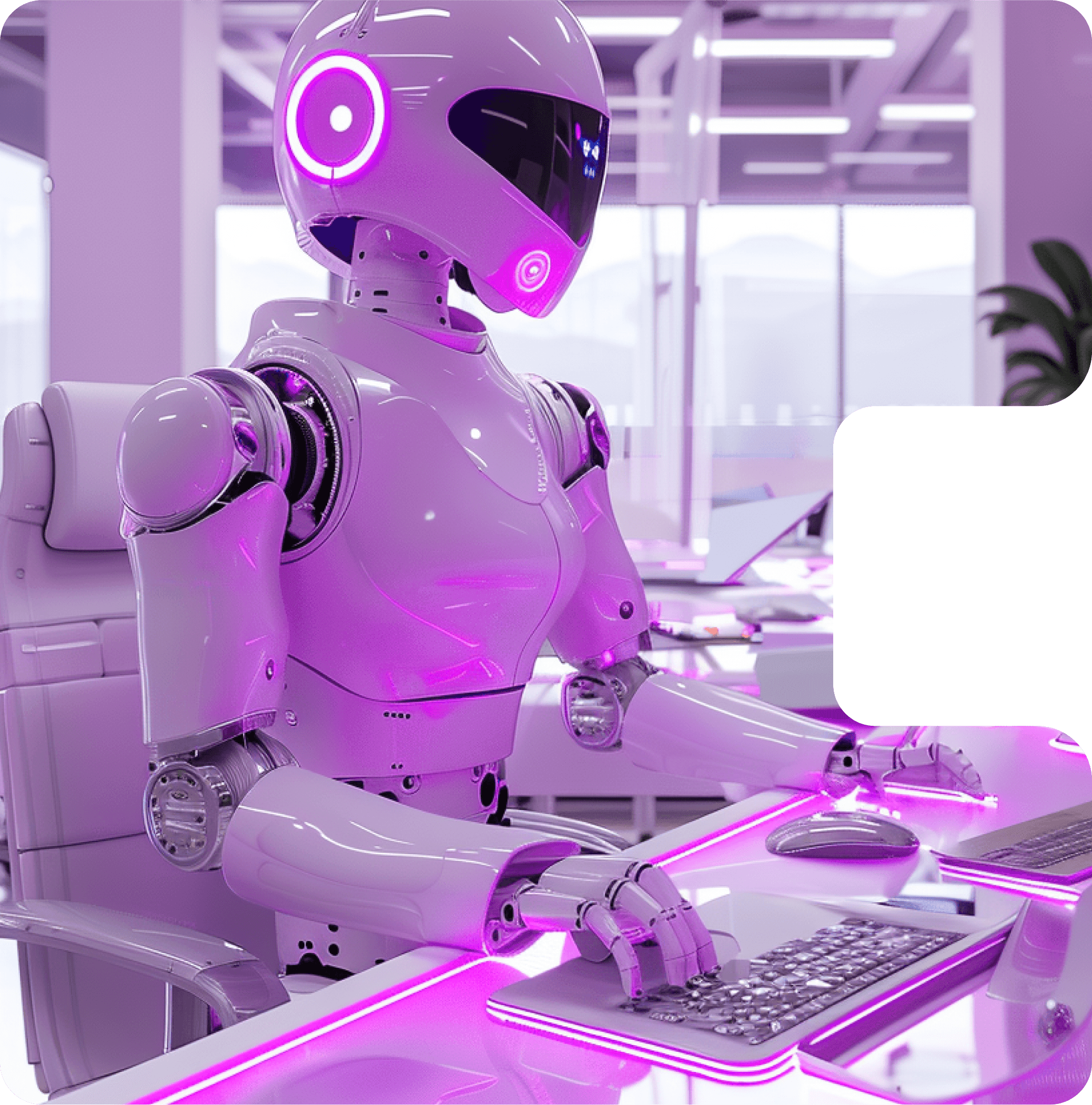 A white robot with a glowing magenta eye typing at a keyboard in a violet-lit office