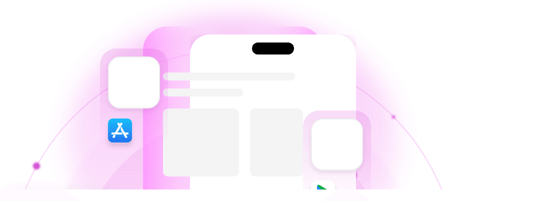 A phone app screen with floating cards and an App Store icon