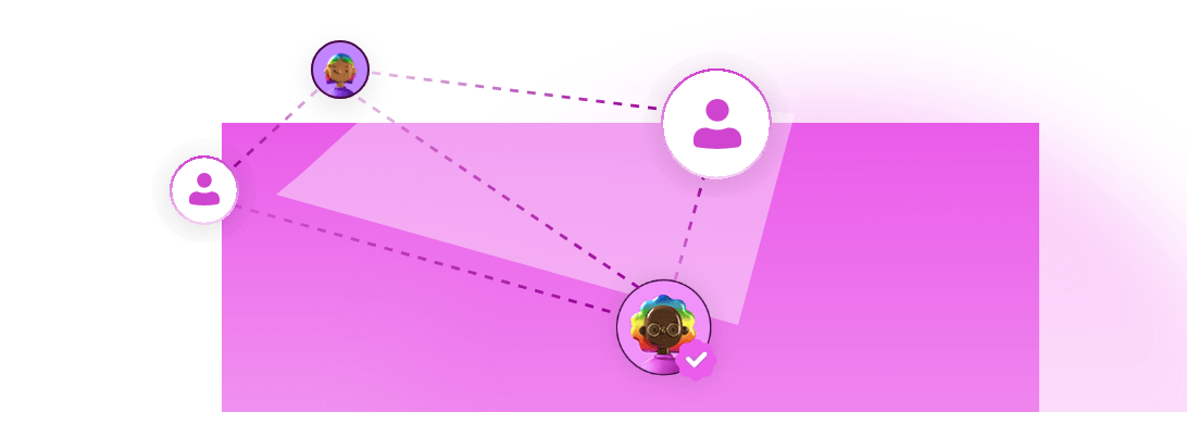 User avatars joined by dotted lines over a magenta panel, one marked with a check