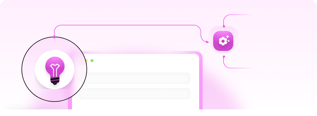 A light bulb badge wired to a settings chip beside a browser window