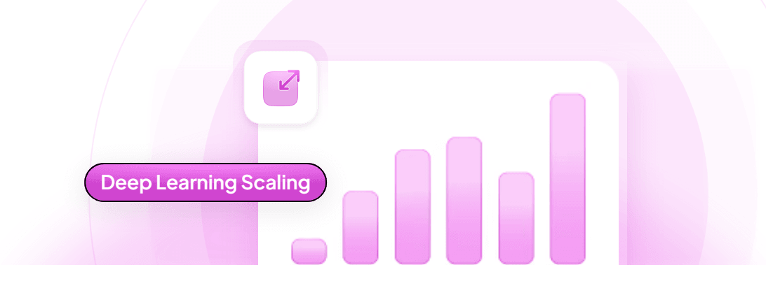 A rising bar chart with a resize badge and a “Deep Learning Scaling” tag