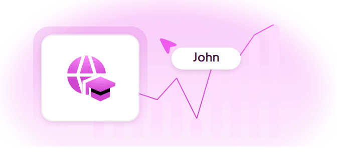 A learning globe badge beside a rising line chart, with a cursor tagged “John”