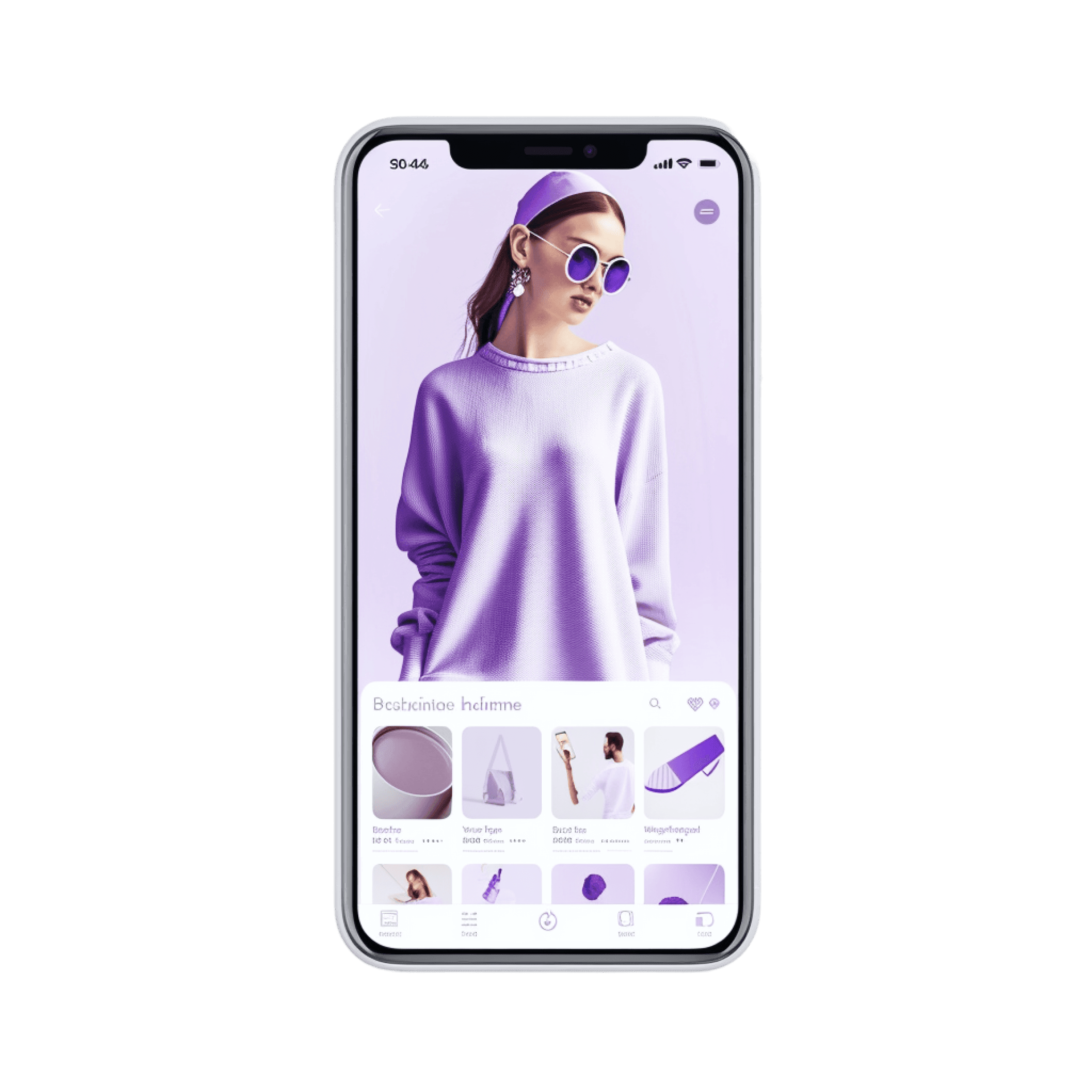 A phone showing a fashion shopping app, a model in a lilac sweater above a row of recommended products