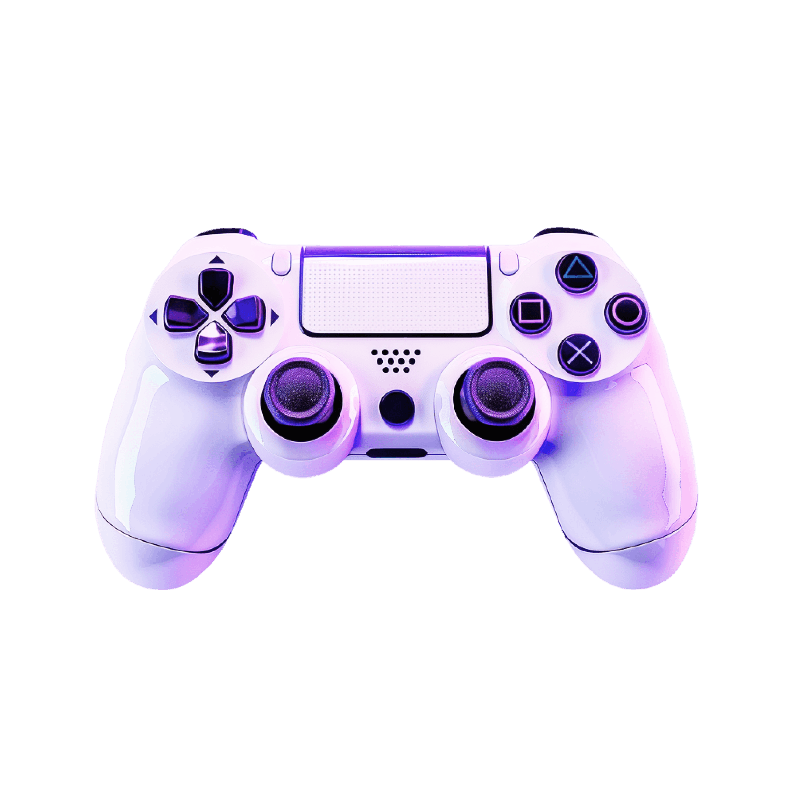 A glossy white game controller lit in violet