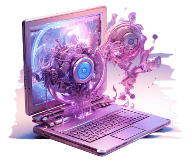 A lilac laptop with machine parts bursting out of its screen