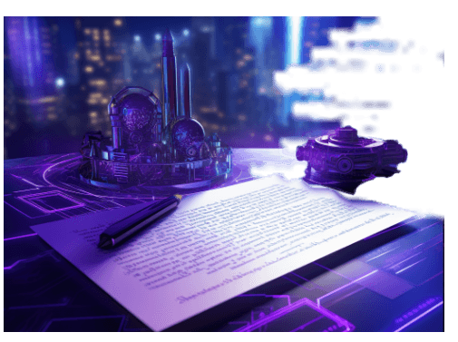 A contract and a pen on a glowing purple desk, with a futuristic city behind