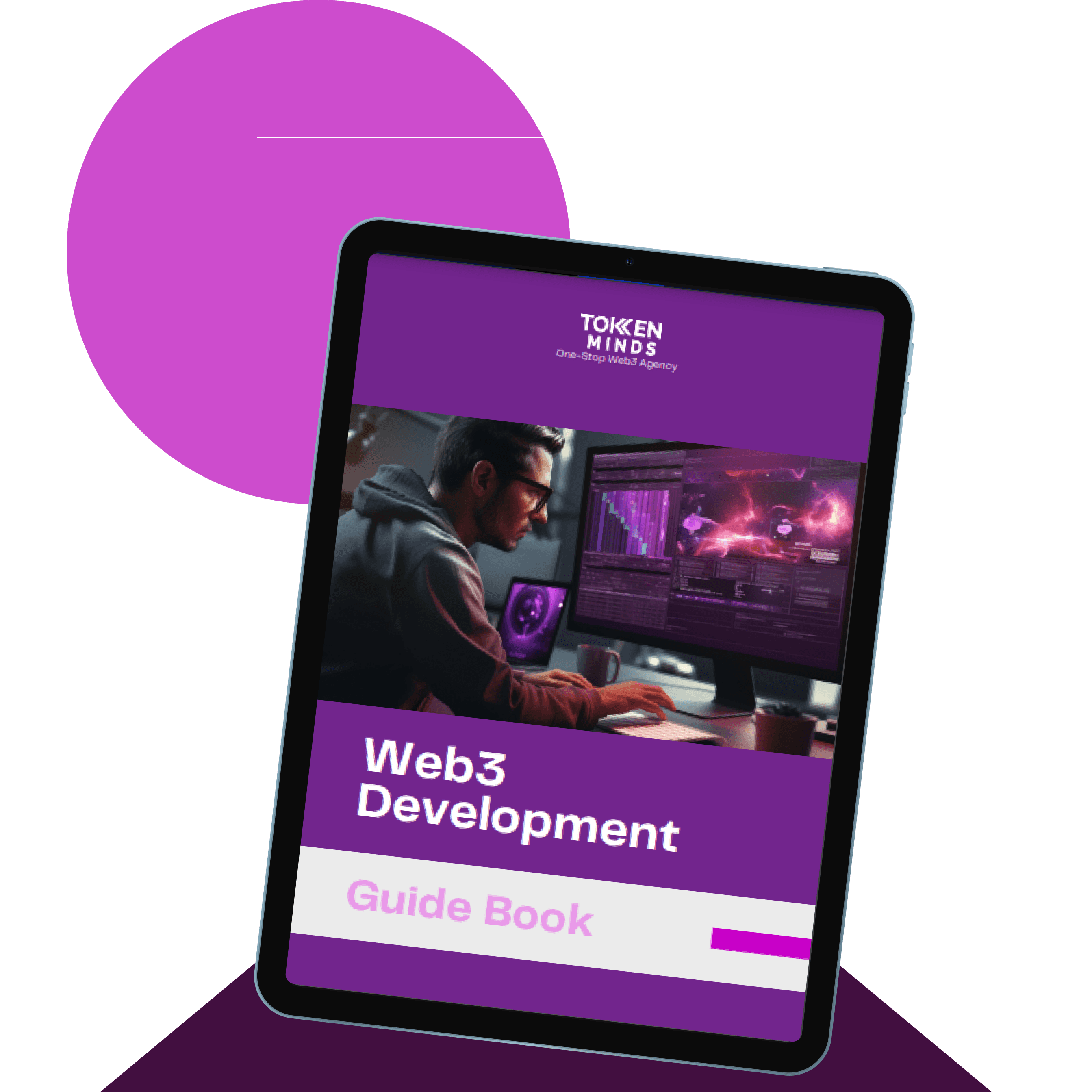 The Web3 Development Guide Book on a tablet before a magenta circle