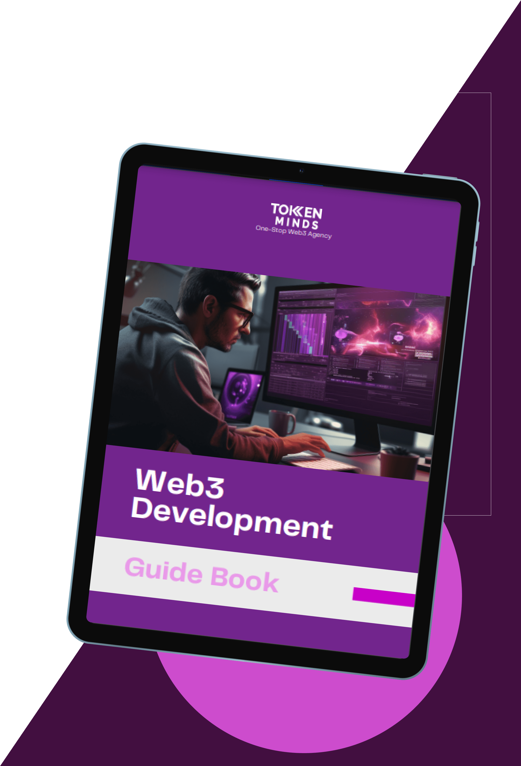 The TokenMinds Web3 Development Guide Book cover on a tablet: a developer at a desk before glowing purple screens
