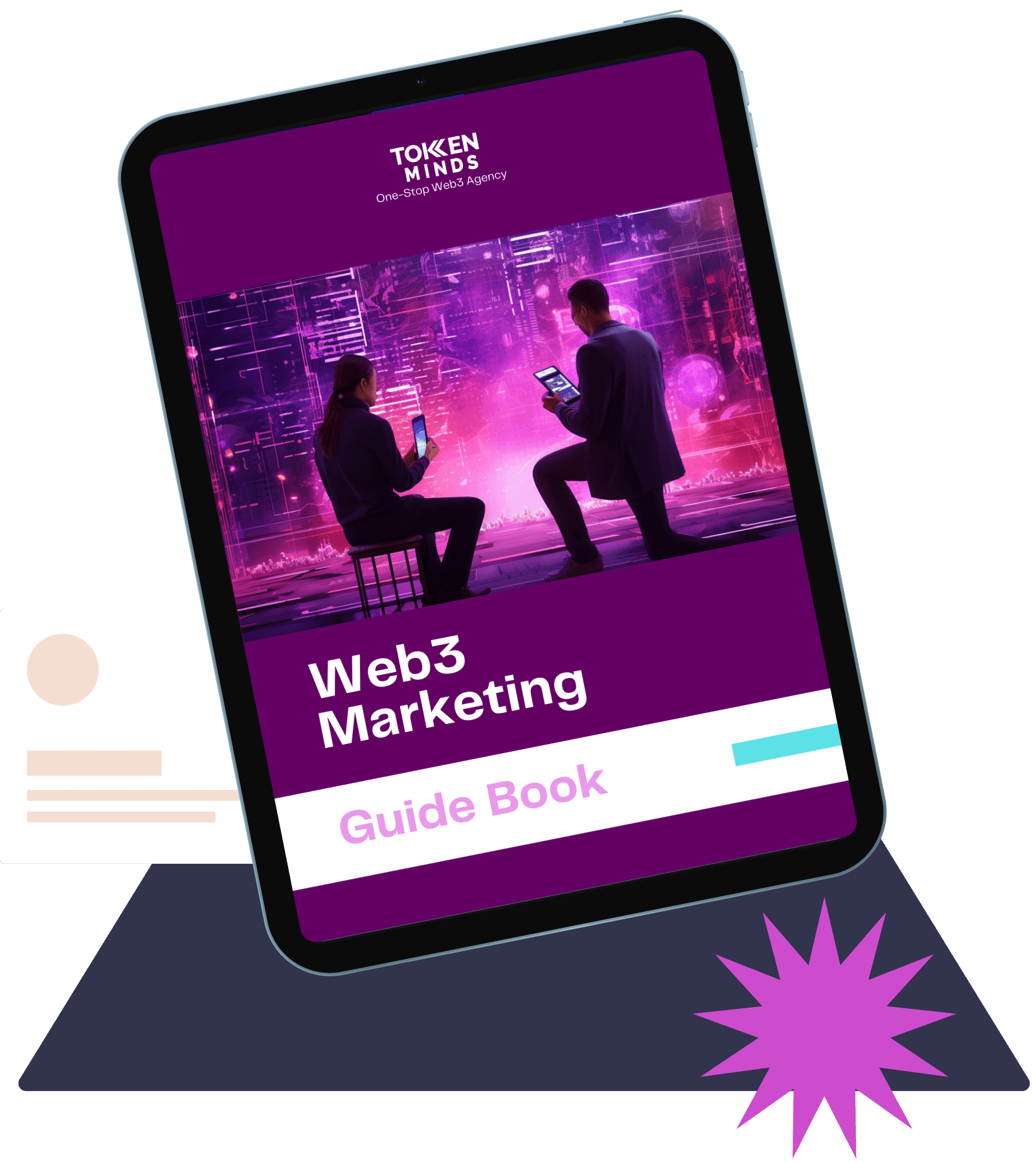 The Web3 Marketing Guide Book on a tablet over a dark stand, with a magenta starburst and a profile card