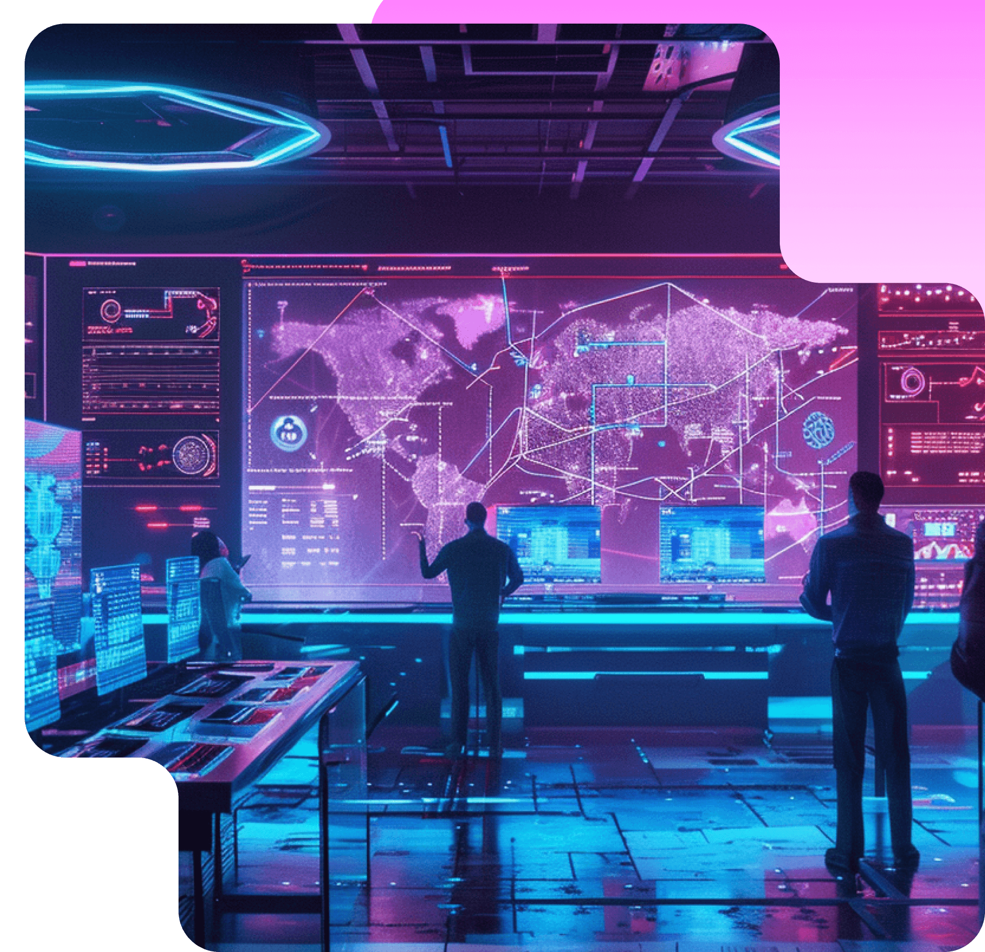 People standing in a neon control room before a large glowing world map and data screens