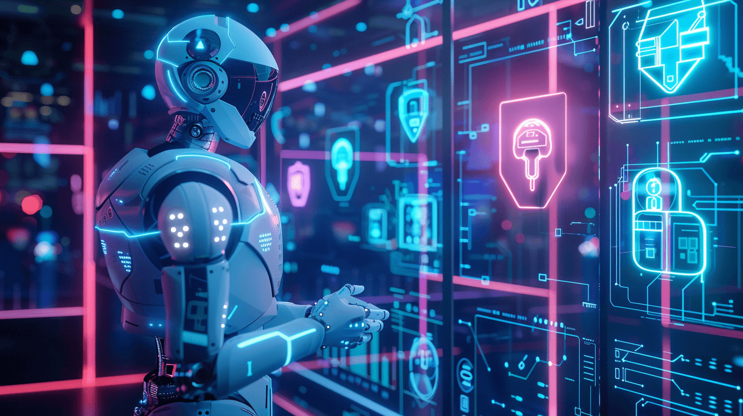 A robot reaching toward a glowing wall of security shields and padlocks