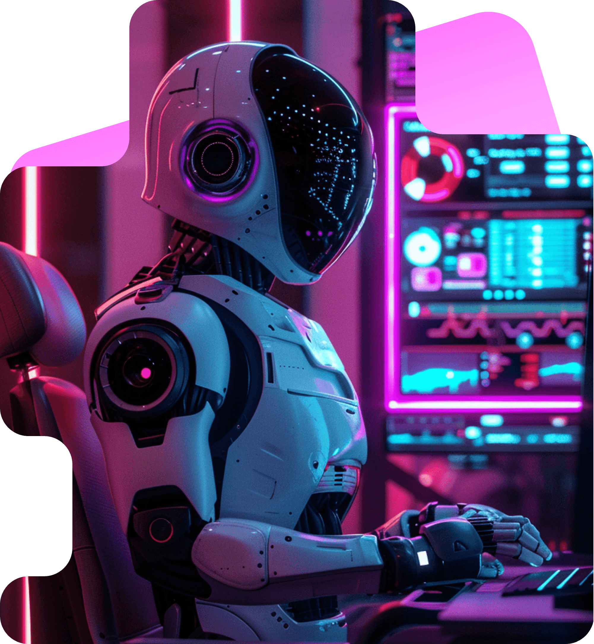 A white robot with a dark visor working at a console of glowing pink and cyan screens