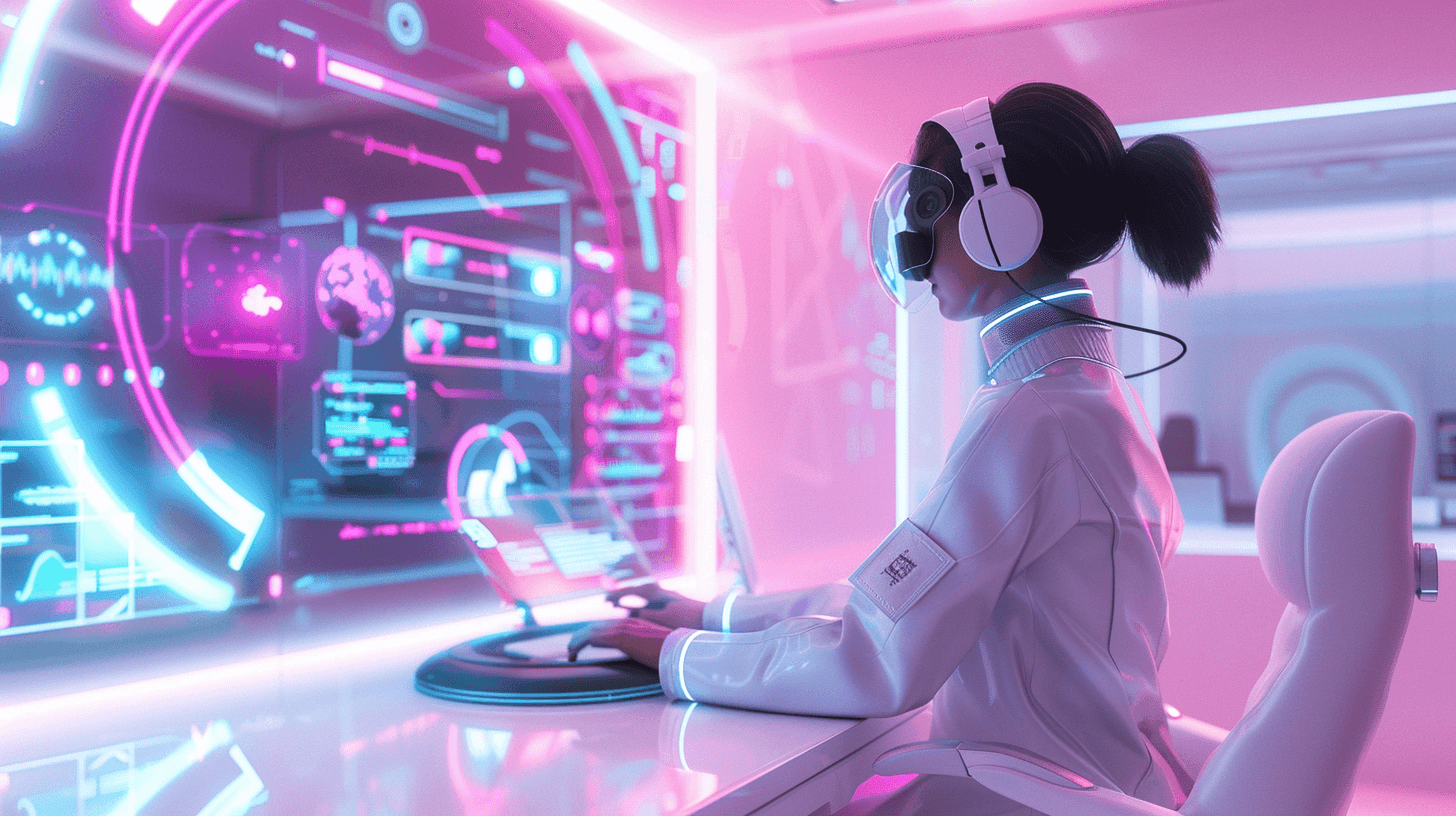 A support agent in a headset typing at a desk surrounded by glowing holographic screens
