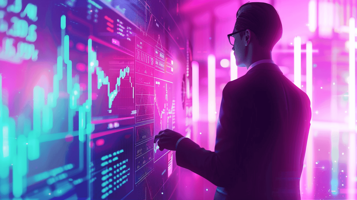 A man in a suit studying a wall of glowing financial charts