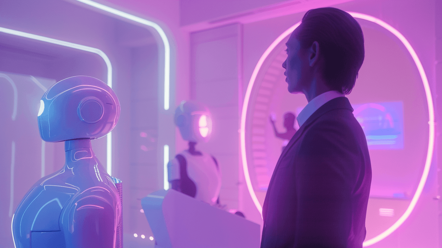 A man in a suit facing a humanoid robot in a bright pink office