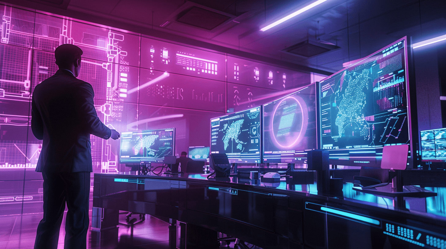 A man pointing at a row of glowing monitors in a dark operations room