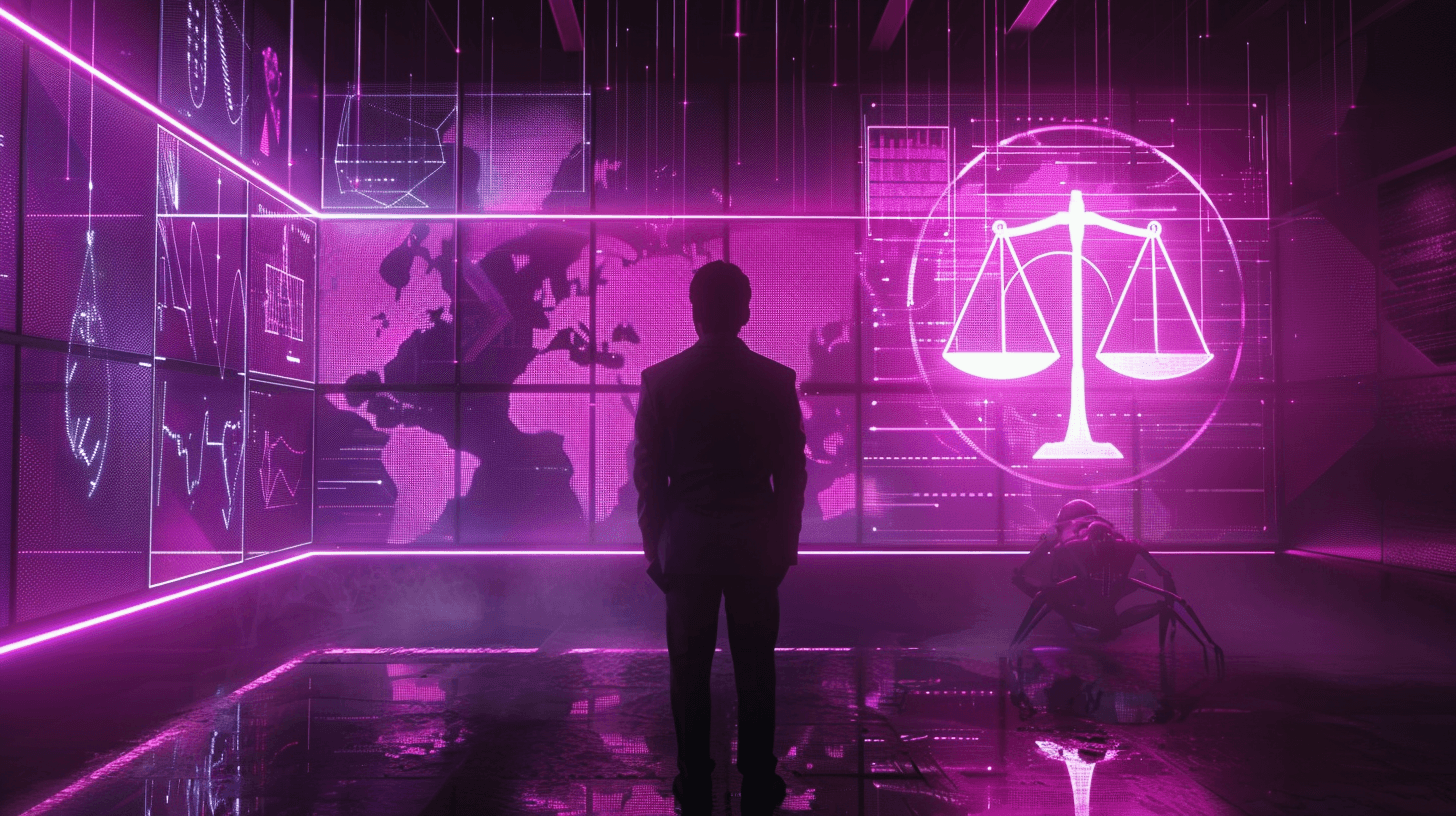A man facing a glowing scales-of-justice symbol on a wall of world maps