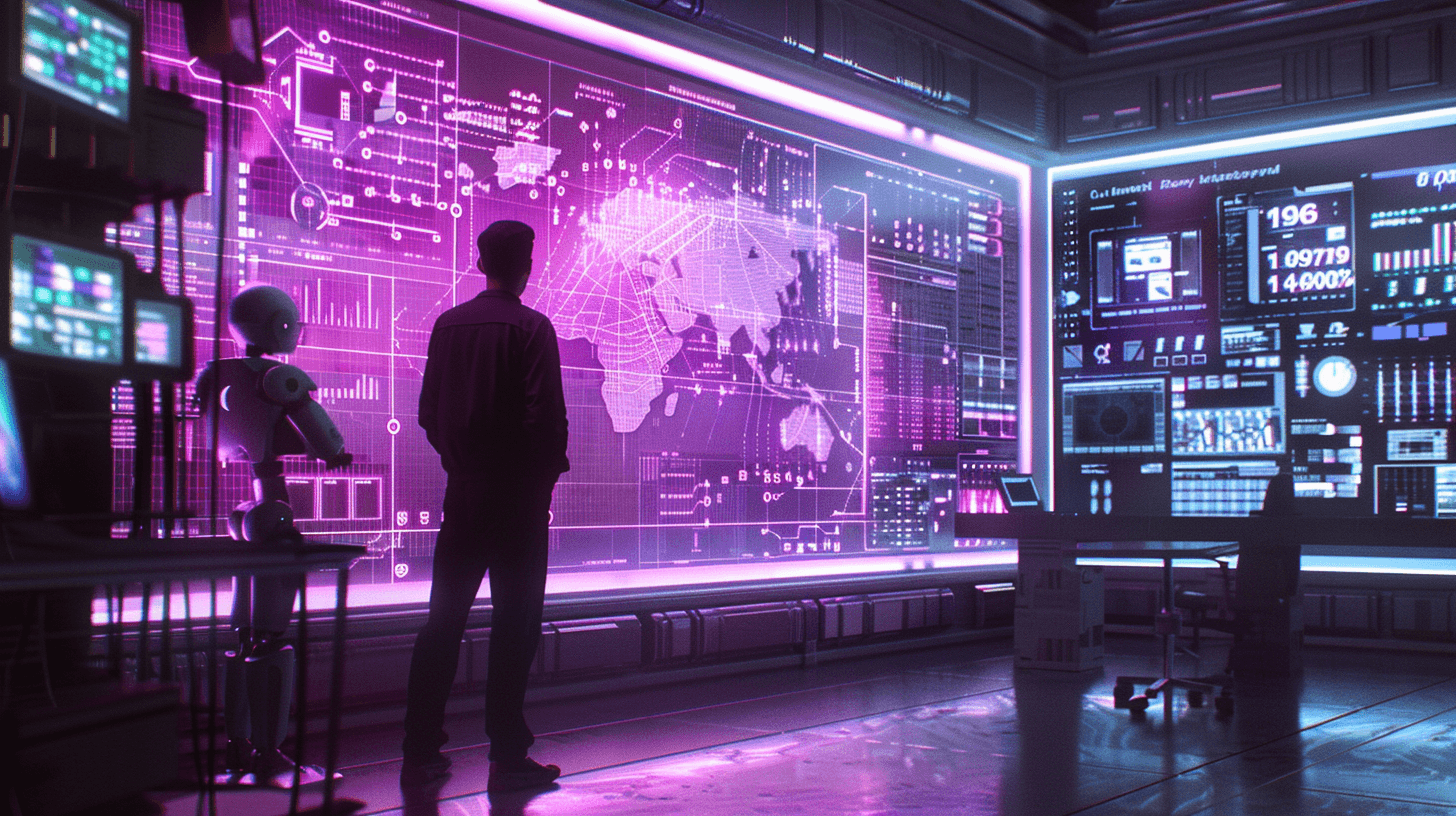 A man standing before a wall of world maps and supply dashboards, with a robot beside him