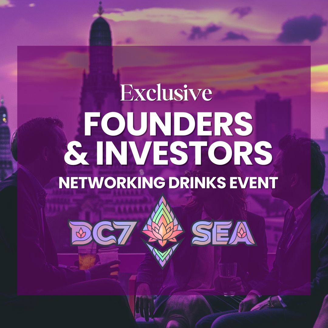 Exclusive Founders & Investors Networking Drinks Event at Devcon 7 SEA, over a Bangkok skyline at dusk