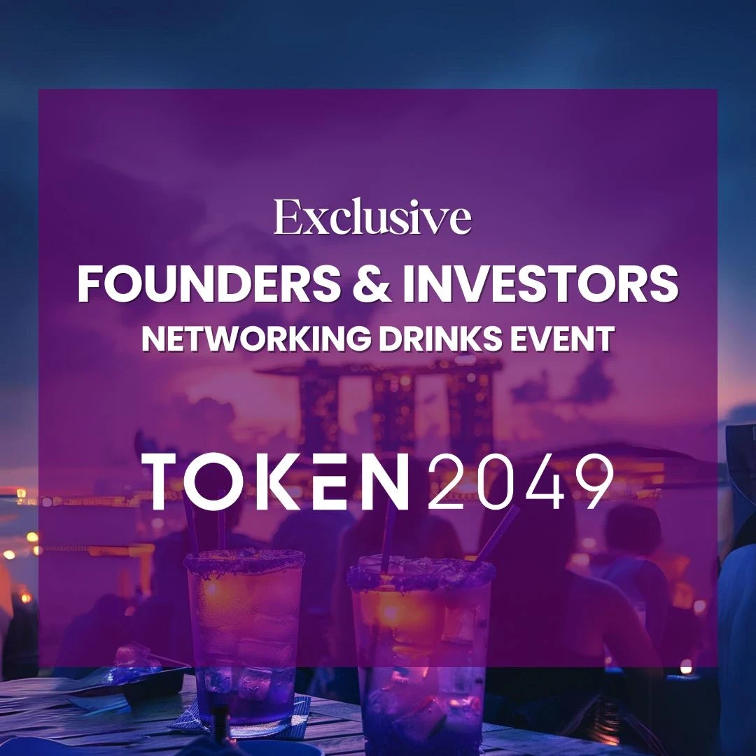 Exclusive Founders & Investors Networking Drinks Event at Token2049, over the Singapore skyline at dusk