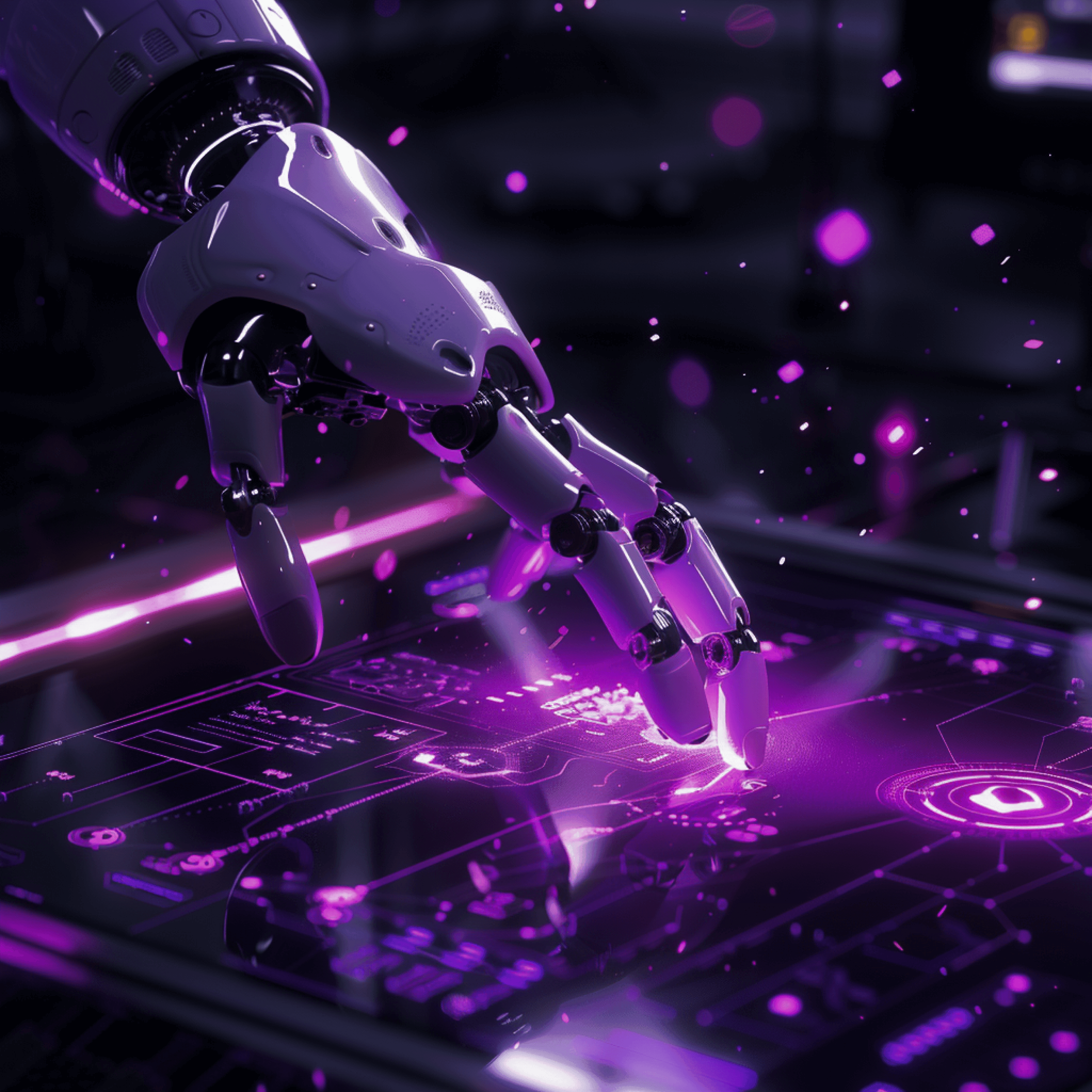 A robotic hand touching a glowing violet circuit board