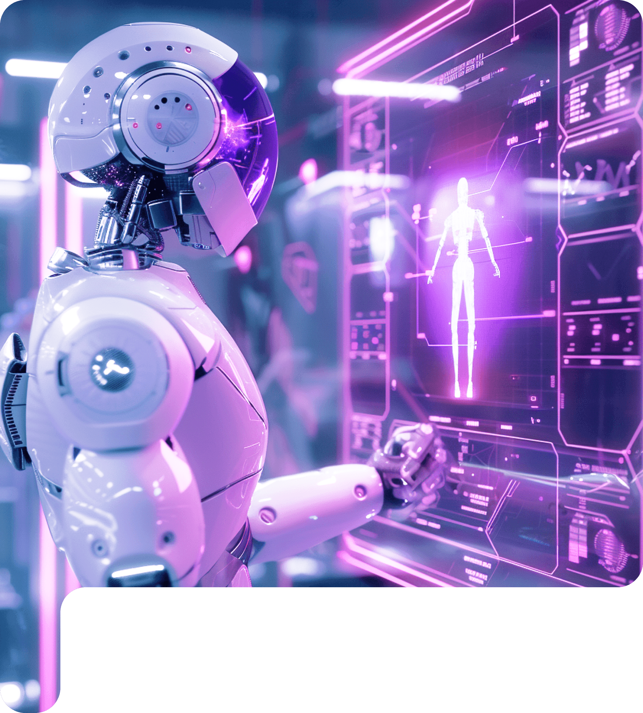 A white robot pointing at a holographic screen showing a human figure