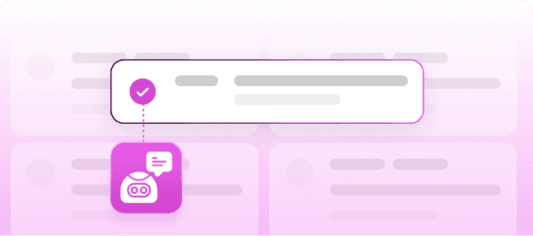 Data cards with one checked record linked to a chatbot badge