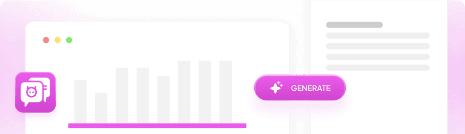 A bar chart window with a “Generate” button and a chatbot badge, beside a text panel
