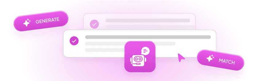 “Generate” and “Match” buttons around checked list items, with a robot badge and a cursor
