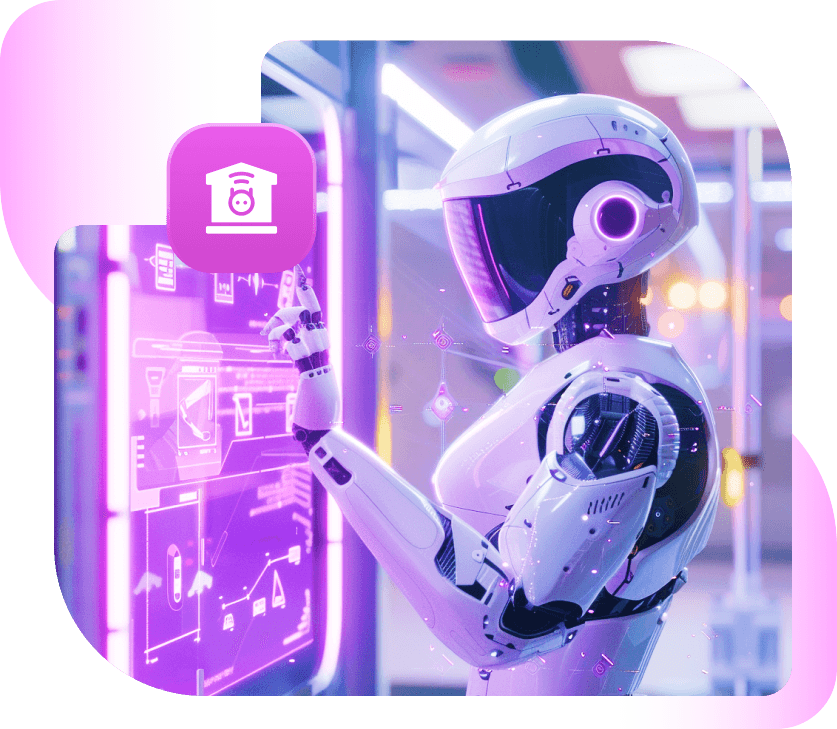 A white robot touching a glowing violet dashboard, with a chatbot badge