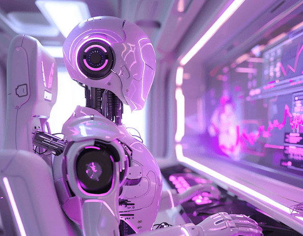 A white robot in front of screens with purple charts