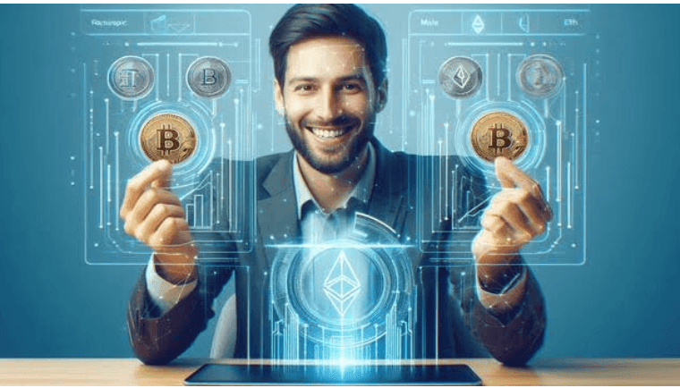 A smiling man holding Bitcoin coins in front of a holographic Ethereum display