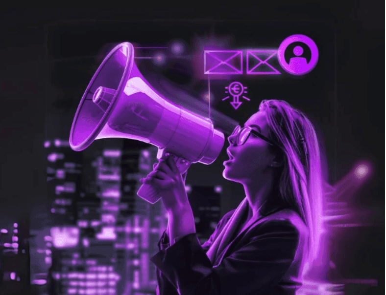 A woman with a neon megaphone over a city at night