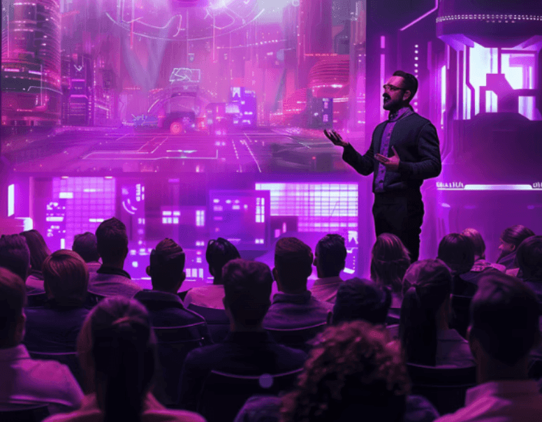 A speaker on stage in front of an audience under purple city lights