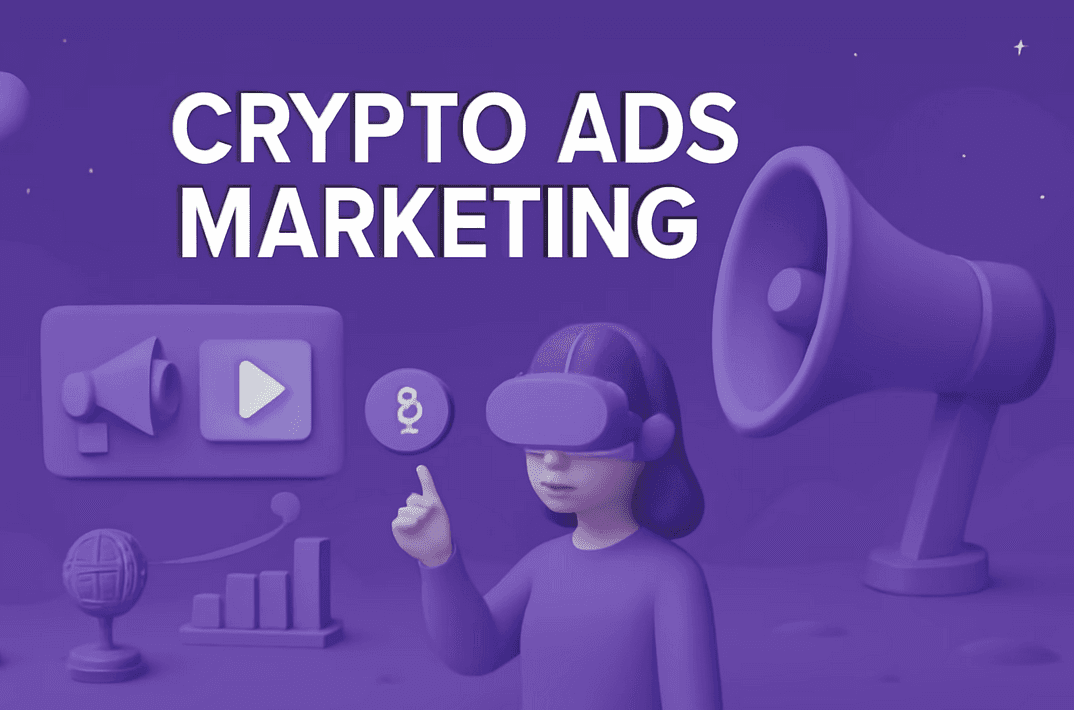 Crypto Ads Marketing, with a megaphone and a person in a VR headset