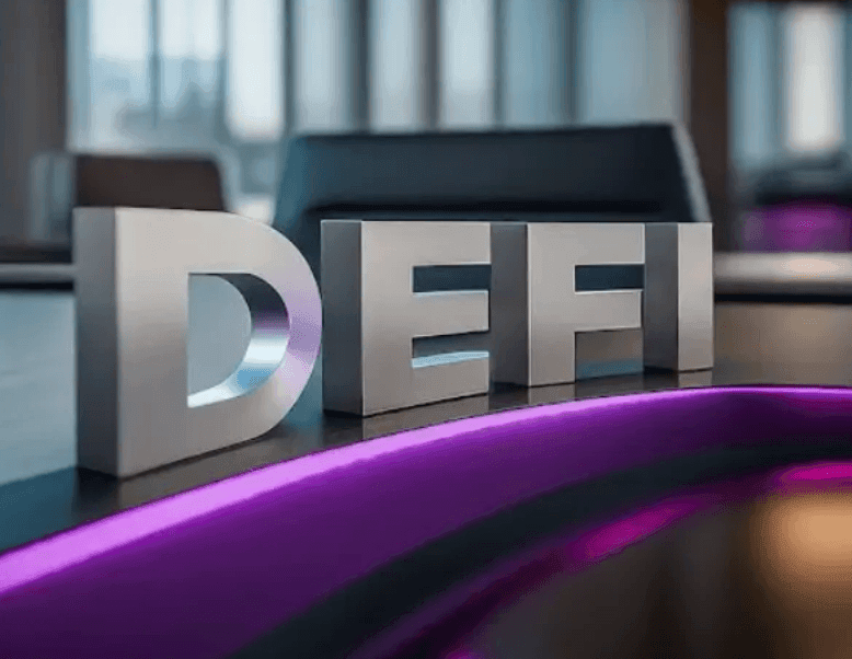 Large metal letters spelling DEFI on an office desk