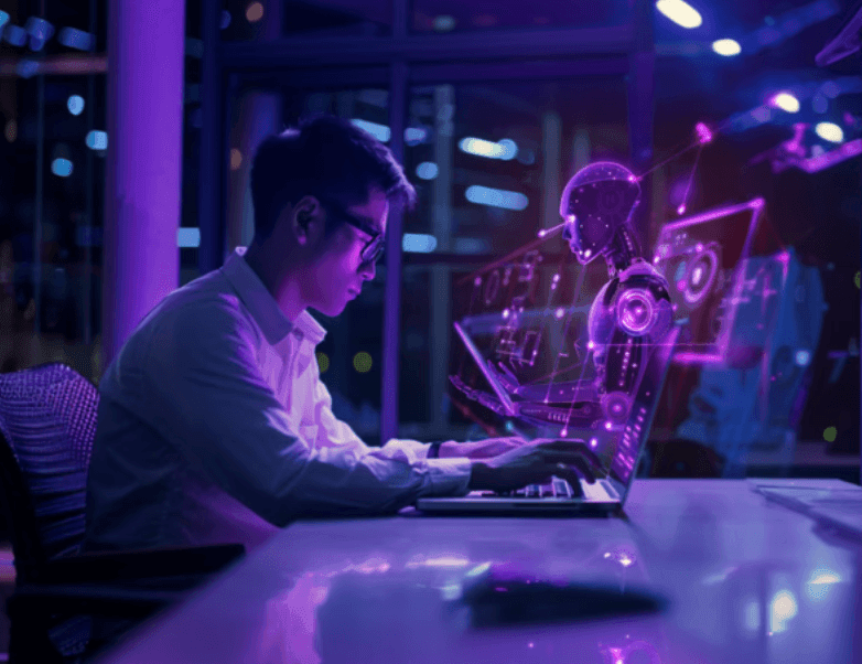 A developer at a laptop beside a holographic AI robot