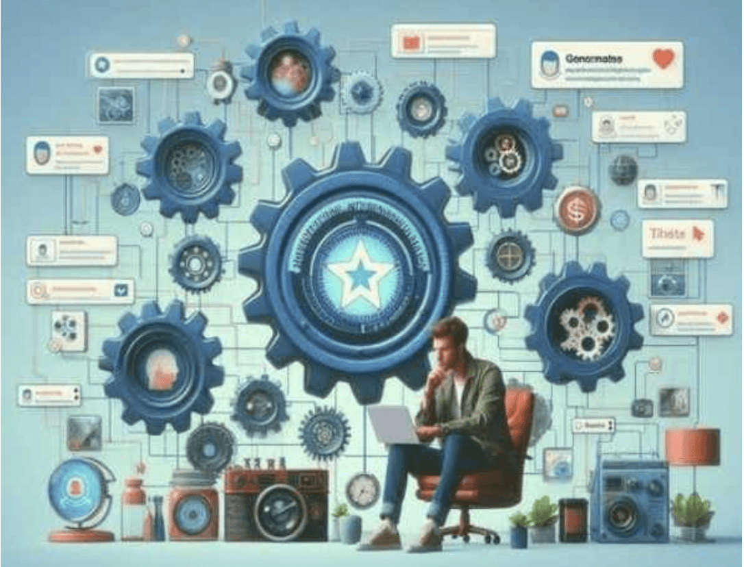 A man with a laptop among large gears and social media cards