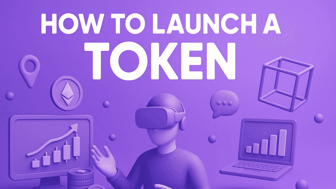 How to Launch a Token, with an Ethereum coin, charts and a person in a VR headset