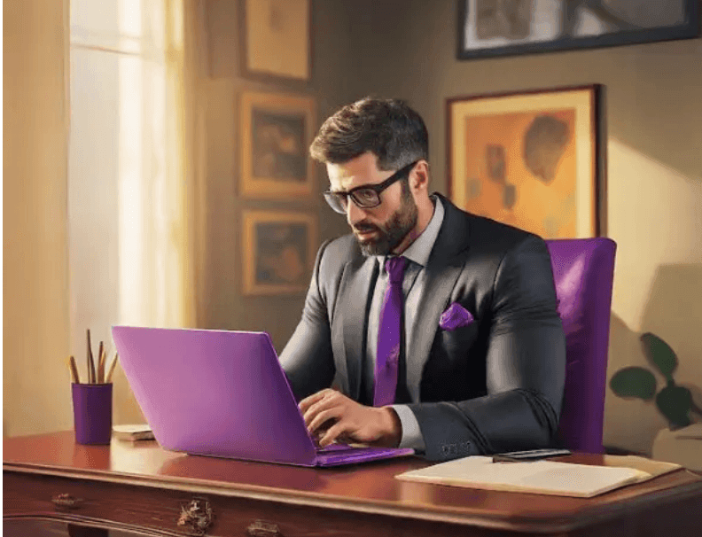 A man in a suit typing on a purple laptop at a wooden desk