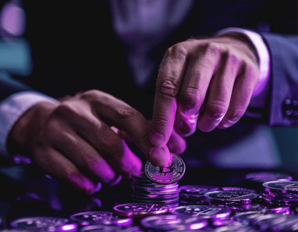 Hands placing a coin on a stack of crypto coins