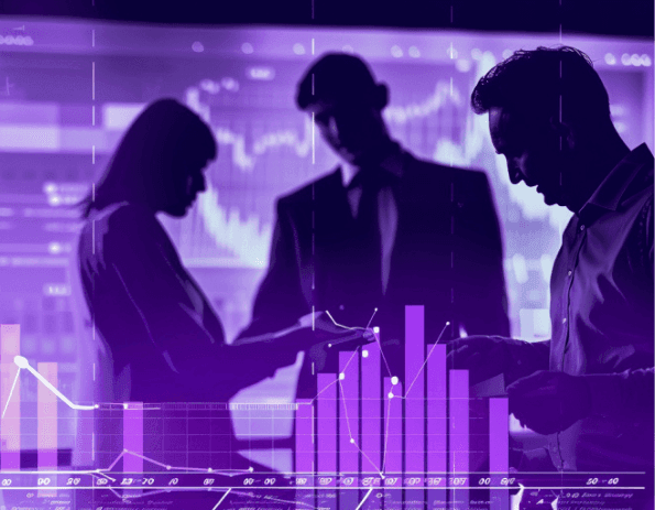 Three business people in silhouette in front of purple bar charts