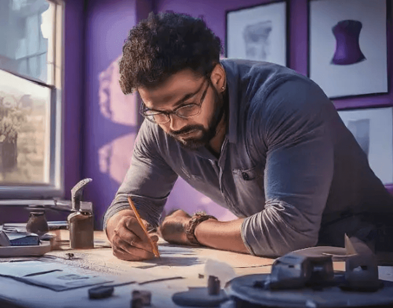 A man sketching plans at a workbench
