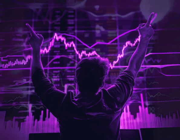 A person raising both arms in front of glowing price charts