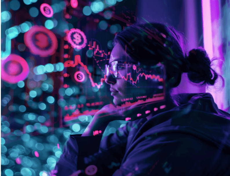 A woman in glasses watching neon crypto charts and coin symbols