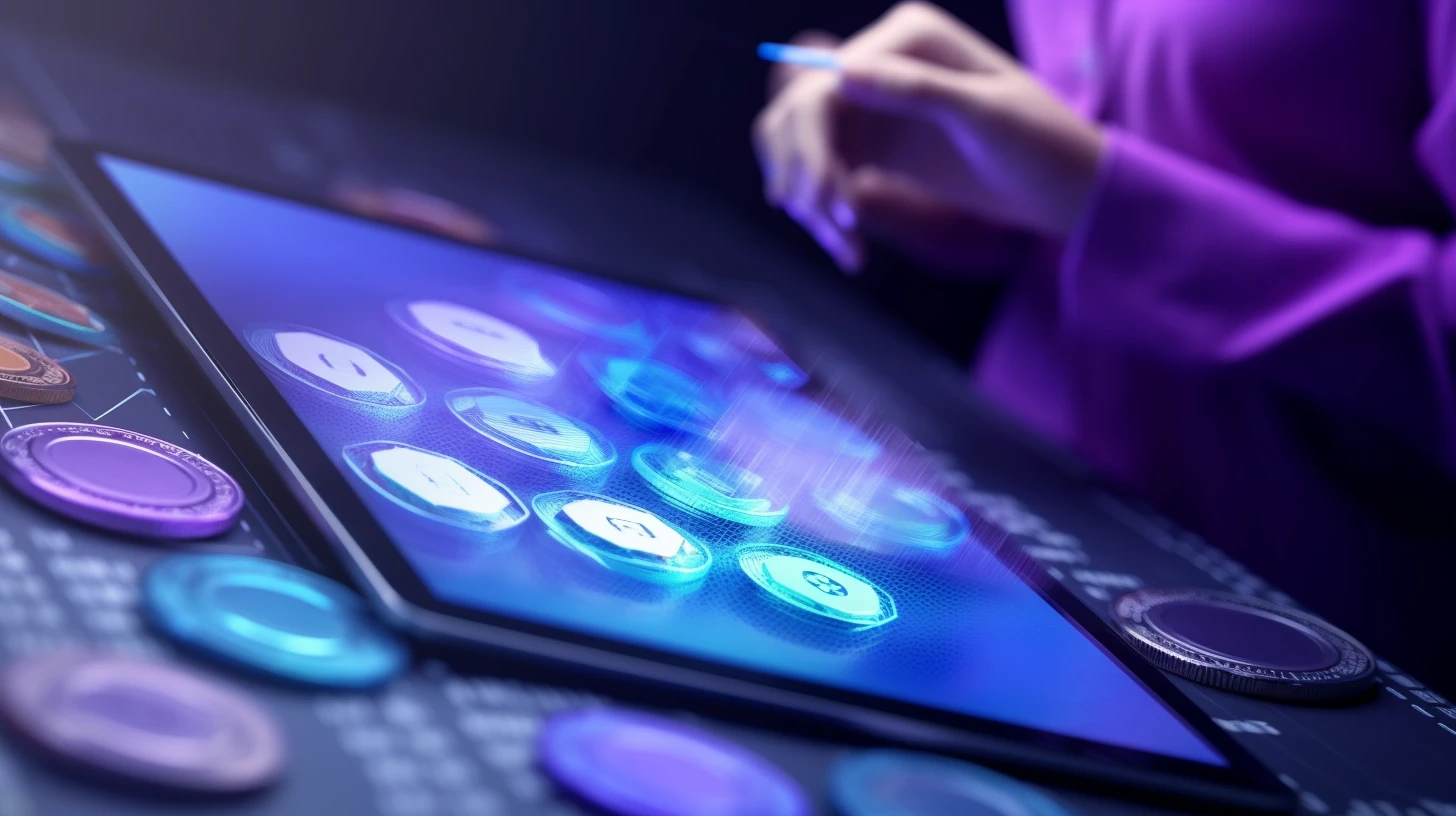 A hand touching a tablet surrounded by glowing token discs