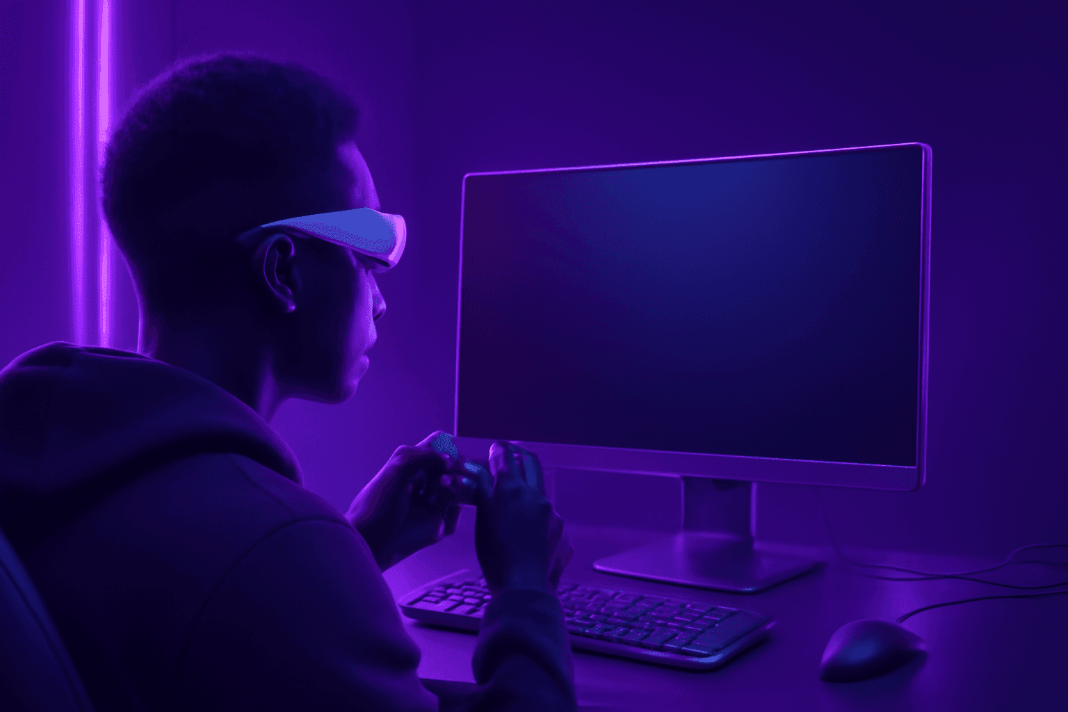 A gamer in glasses at a computer in purple light