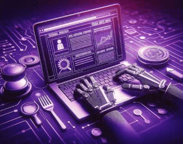Robotic hands typing on a laptop showing a web page on a purple circuit board