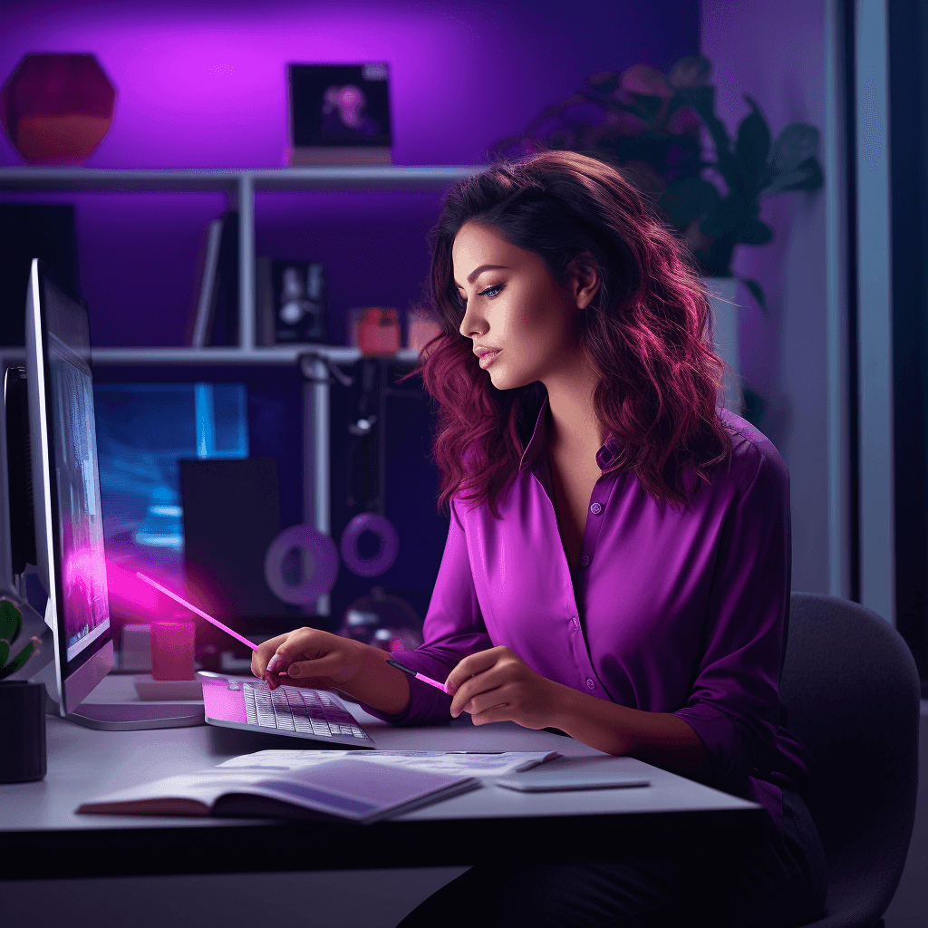 A marketer working at a computer in a purple-lit studio